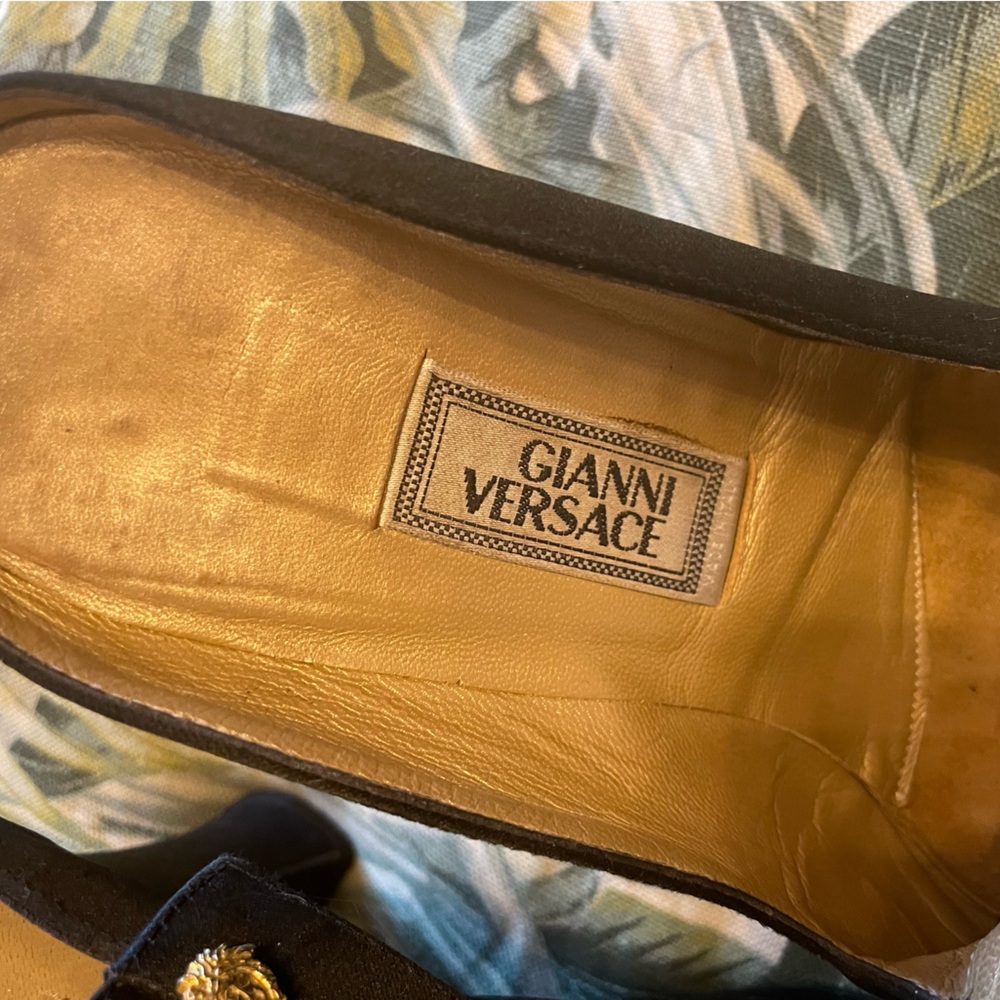 Versace Black Satin Pointed-Toe Slip-On Mules with Gold Medusa Accents - Picture 3 of 6